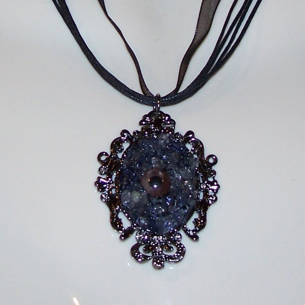 Iolite Stone Crystal Eye Pendant Ribbon Necklace